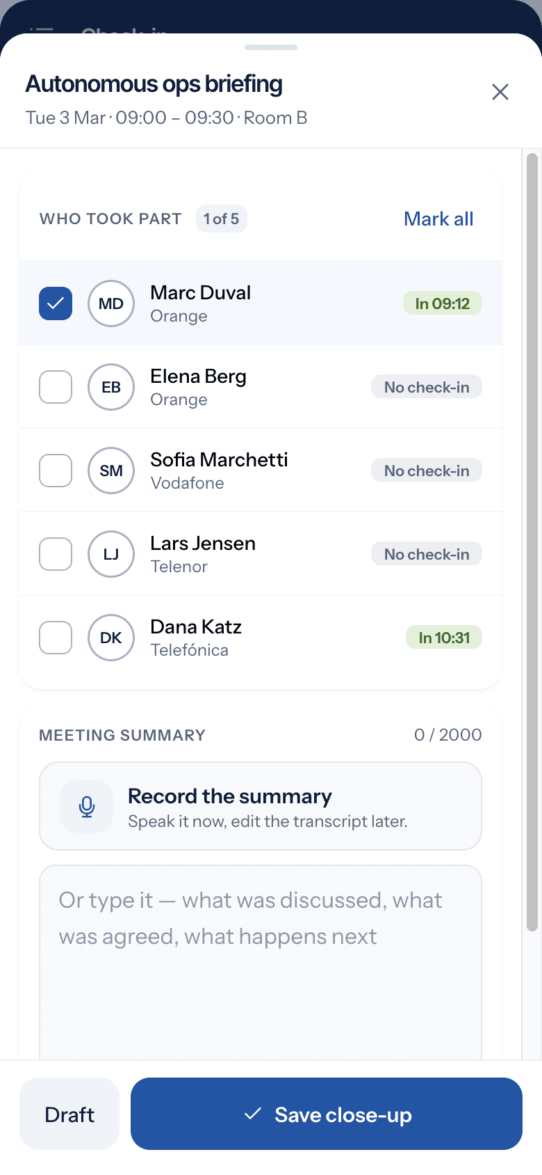 Voice-to-text meeting summary